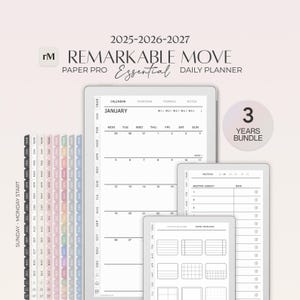 May include: Digital planner bundle for 2025-2027. The image shows a tablet displaying a calendar, overview, finance, and notes sections. The planner includes a 3-year bundle and features a Sunday-Monday start. The text "REMARKABLE MOVE" is visible.