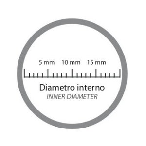 May include: A gray circle with a ruler marked in millimeters from 5 to 15. The text "Diametro interno" and "INNER DIAMETER" are printed below the ruler.