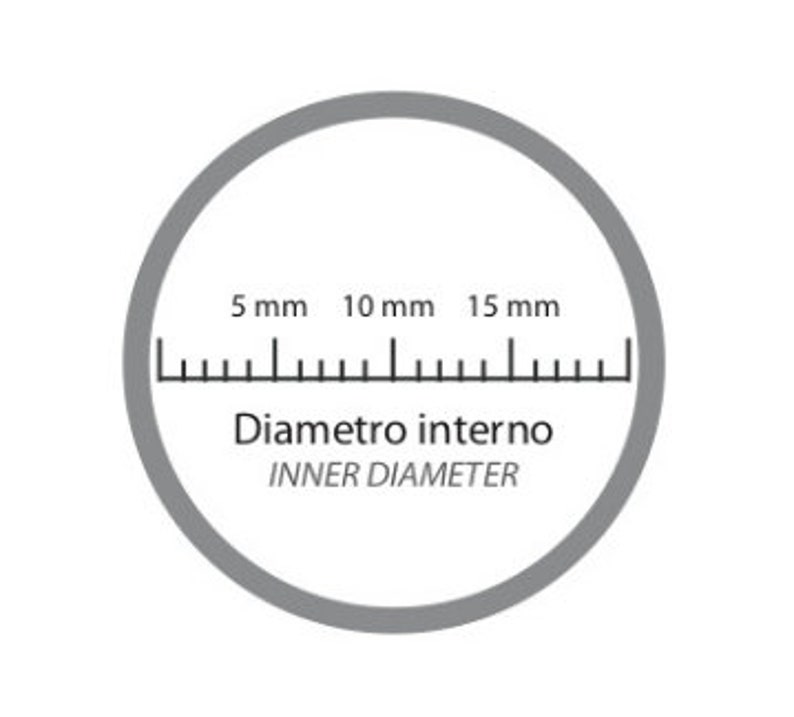 May include: A gray circle with a ruler marked in millimeters from 5 to 15. The text "Diametro interno" and "INNER DIAMETER" are printed below the ruler.