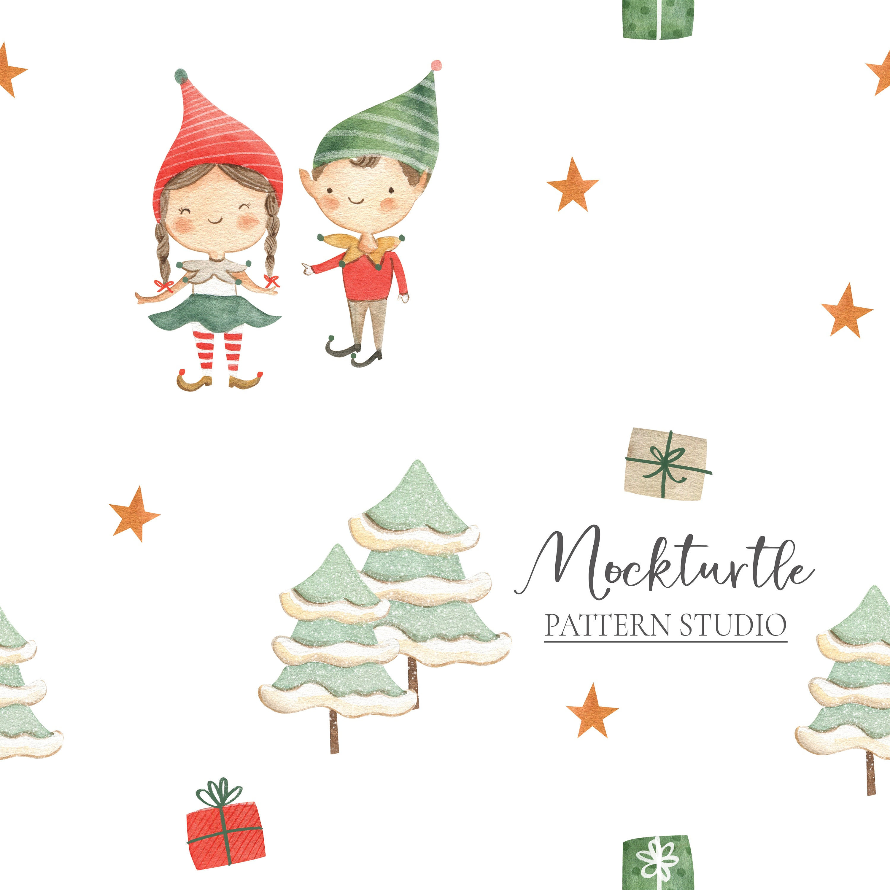 May include: A seamless pattern featuring watercolor illustrations of elves, Christmas trees, stars, and presents. The pattern is on a white background and includes the text "Mockturtle Pattern Studio".