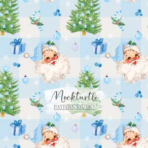 May include: A repeating pattern featuring Santa Claus, Christmas trees, gifts, and candy canes on a light blue and white plaid background. The text "Mockturtle PATTERN STUDIO" is also present. The design has a vintage, watercolour style.