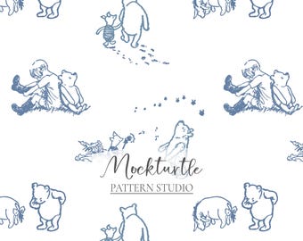 Classic Winnie the Pooh Seamless Pattern | Tigger Piglet Eeyore | Blue Toile Surface Pattern | Commercial Use