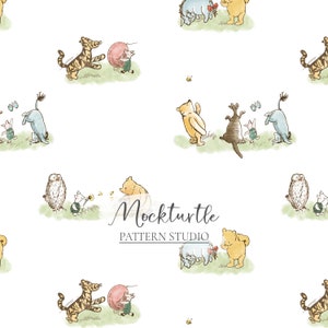 May include: A white background with a repeating pattern of Winnie the Pooh and his friends. The characters are drawn in a cartoon style and are playing in a field of green grass. The characters include Winnie the Pooh, Piglet, Tigger, Eeyore, and Owl. The text "Mockturtle Pattern Studio" is in the centre of the image.