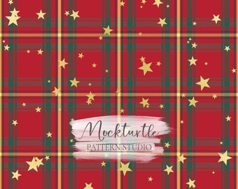 Sterne Weihnachten Tartan Muster | Winter Plaid Kollektion | Weihnachten Karomuster | Goldstern | Kommerzielle Nutzung Oberflächenmuster