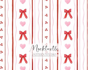 Pink Red Hearts Stripe Seamless Pattern | Vintage Valentine Candy Cane | Commercial Use Surface Pattern