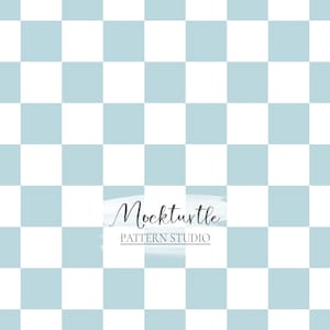 May include: A seamless pattern featuring alternating squares of white and light blue. The pattern is repeated throughout the image. The text "Mockturtle PATTERN STUDIO" is written in a handwritten font on a light blue brushstroke.