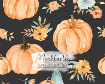 Boho Pumpkin Seamless Pattern | Watercolour Floral Autumn Pumpkins | Floral Pumpkin Surface Pattern | Commercial Use Surface Pattern