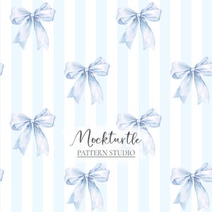 May include: A seamless pattern featuring light blue watercolour bows on a white and light blue striped background. The text "Mockturtle Pattern Studio" is centred on the pattern.