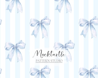 Blaue Schleife Kokette Streifen nahtlose Muster | Pastell gestreift elegantes Design | Kommerzielle Nutzung Oberflächenmuster