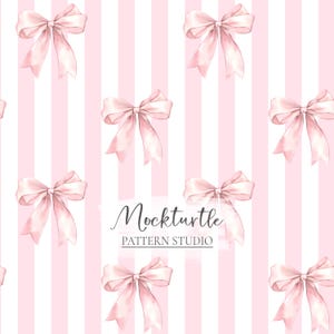 May include: A seamless pattern featuring pink watercolour bows on a pink and white striped background. The text "Mockturtle Pattern Studio" is centred on the pattern.