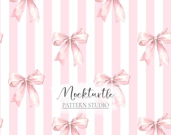 Pink bow Coquette Stripes Seamless Pattern | Coquette Stripes and Bow Pattern | Pink Bow Surface Pattern | Commercial Use Surface Pattern