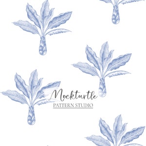 May include: A seamless pattern featuring a blue illustration of a tropical plant with large leaves. The text "Mockturtle Pattern Studio" is included in the design.