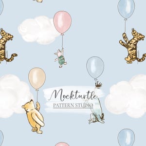 May include: A light blue pattern featuring cartoon characters, balloons, and clouds. The characters include a bear, a tiger, and a pig, each holding a balloon. The text "Mockturtle Pattern Studio" is also present.