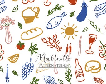 Wunderbares mediterranes nahtloses Muster | Doodle Food Design | Kommerzielle Nutzung Oberflächenmuster