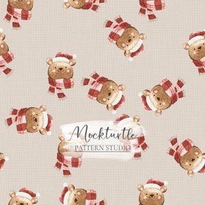 May include: A seamless pattern featuring a repeating design of brown bears wearing red and white striped scarves and Santa hats on a beige background. The text "Mockturtle PATTERN STUDIO" is in the center of the pattern.