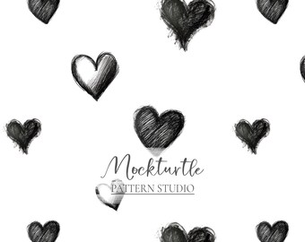 Black Gothic Hearts Pattern | Valentine Doodle Hearts | Love Surface Pattern | Commercial Use Surface Pattern