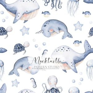 May include: A seamless pattern featuring watercolour illustrations of various sea creatures in shades of blue and grey. The pattern includes whales, narwhals, sea turtles, starfish, jellyfish, octopuses, and seahorses. The text "Mockturtle PATTERN STUDIO" is included in the pattern.