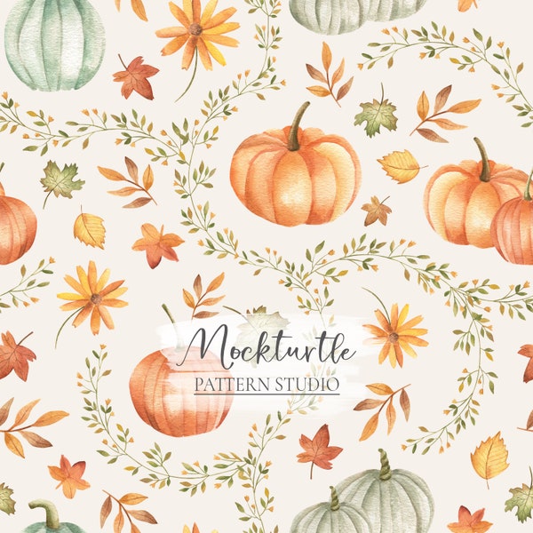 Boho Pumpkin Seamless Pattern | Watercolour Floral Autumn Pumpkins | Floral Pumpkin Surface Pattern | Commercial Use Surface Pattern