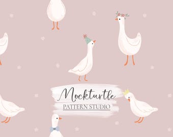 May include: A seamless pattern featuring white geese with various accessories, including a bow tie, a flower crown, and a party hat. The background is a soft pink with white stars. The text "Mockturtle PATTERN STUDIO" is written in white on a white brushstroke.