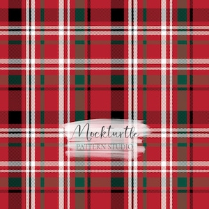 May include: A red plaid pattern with black, white, and green stripes. The design features intersecting vertical and horizontal lines, creating a classic tartan look. The text "Mockturtle PATTERN STUDIO" is visible in the lower center.