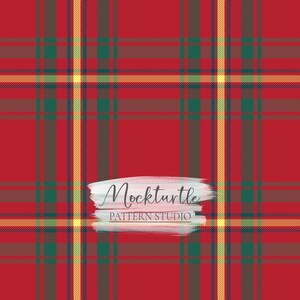 May include: Red, green, and yellow plaid pattern with a white brushstroke graphic that says "Mockturtle PATTERN STUDIO".