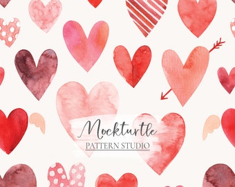 Pink Watercolour Hearts Pattern | Valentine Hearts | Love Surface Pattern | Commercial Use Surface Pattern
