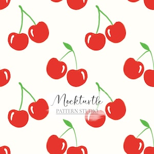 May include: A seamless pattern featuring red cherries with green stems on a white background. The pattern is repeated throughout the image.