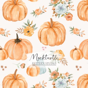 Boho Pumpkin Seamless Pattern | Watercolour Floral Autumn Pumpkins | Floral Pumpkin Surface Pattern | Commercial Use Surface Pattern
