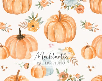 Boho Pumpkin Seamless Pattern | Watercolour Floral Autumn Pumpkins | Floral Pumpkin Surface Pattern | Commercial Use Surface Pattern