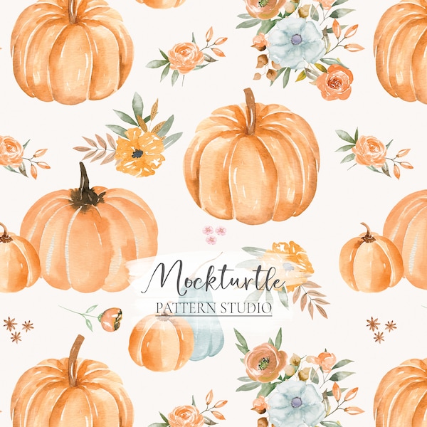 Boho Pumpkin Seamless Pattern | Watercolour Floral Autumn Pumpkins | Floral Pumpkin Surface Pattern | Commercial Use Surface Pattern