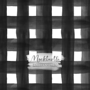 May include: Black and white watercolor gingham pattern with the text "Mockturtle Pattern Studio" in the center.