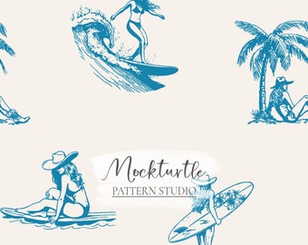 Surf Seamless Pattern | Summer Cowgirl Surfer | Commercial Use Surface Pattern