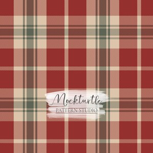 May include: Red, beige, and green plaid pattern with the text "Mockturtle Pattern Studio" in white.