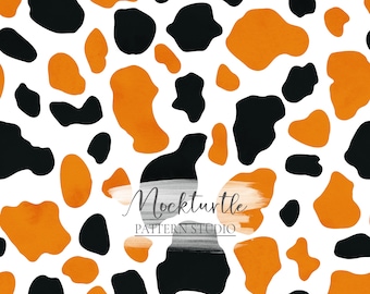 Halloween Cow Print Seamless Pattern | Orange & Black | Commercial Use Surface Pattern