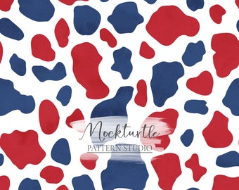 Red, White & Blue Cow Print Seamless Pattern | Commercial Use Surface Pattern