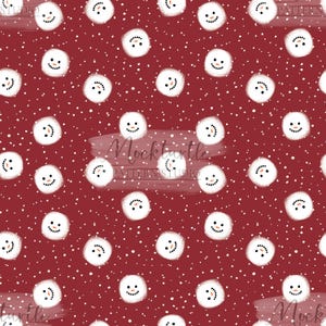 Puede incluir: Un patr&oacute;n sin costuras con caras de mu&ntilde;eco de nieve blancas sobre un fondo rojo con puntos blancos. El patr&oacute;n es perfecto para manualidades y proyectos de tem&aacute;tica invernal.