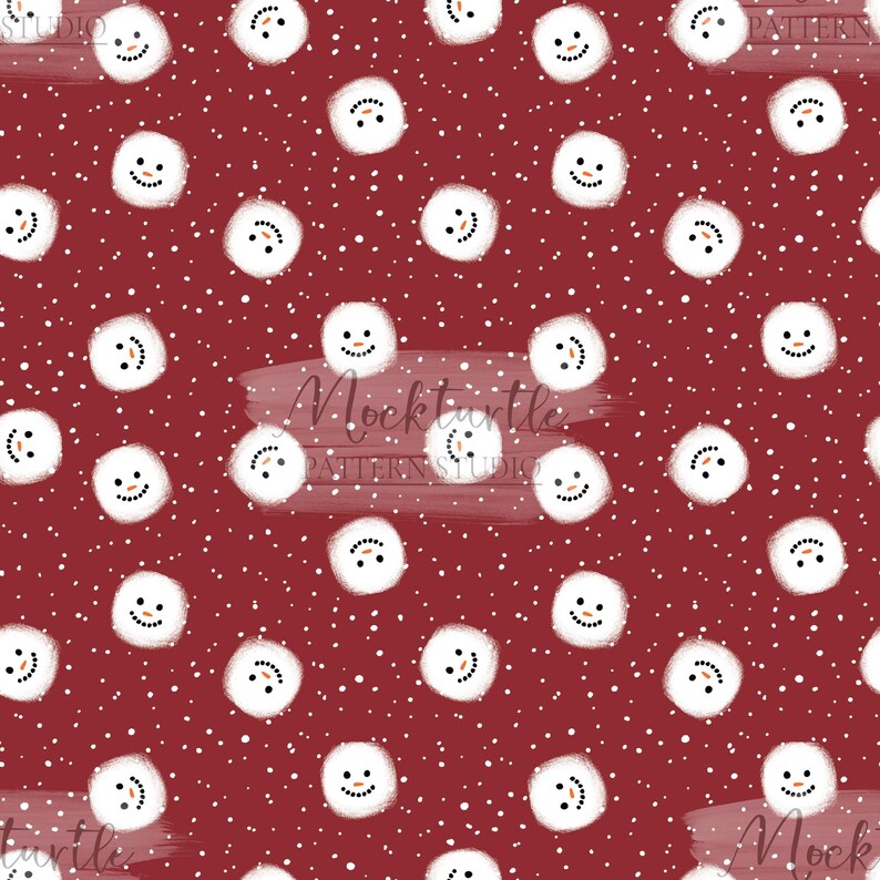 Puede incluir: Un patr&oacute;n sin costuras con caras de mu&ntilde;eco de nieve blancas sobre un fondo rojo con puntos blancos. El patr&oacute;n es perfecto para manualidades y proyectos de tem&aacute;tica invernal.