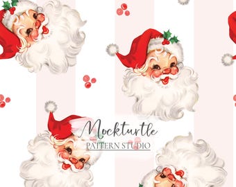Red Retro Santa, Candy Cane Stripes Seamless Pattern | Christmas Patterns | Commercial Use Surface Pattern