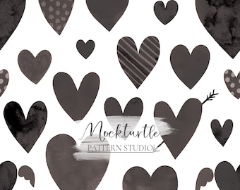 Black Watercolour Hearts Pattern | Valentine Hearts | Love Surface Pattern | Commercial Use Surface Pattern