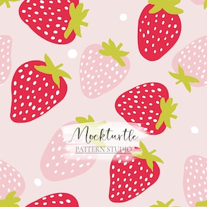 May include: A seamless pattern featuring pink and red strawberries with white seeds on a light pink background. The pattern includes the text "Mockturtle PATTERN STUDIO".