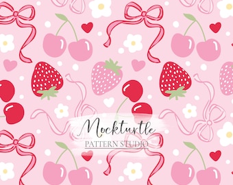 Coquette Cherry Seamless Pattern | Strawberry Bows | Summer Fruit | Commercial Use Surface Pattern