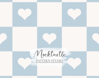 Blue Checks with Hearts Pattern | Hearts And Checks | Love Surface Pattern | Commercial Use Surface Pattern