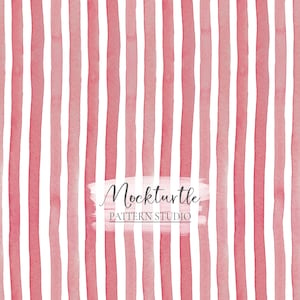 May include: Watercolor pattern featuring vertical stripes in varying shades of red and white. The stripes have a hand-painted appearance, with slight variations in width and color intensity. The text "Mockturtle PATTERN STUDIO" is displayed in the lower center.