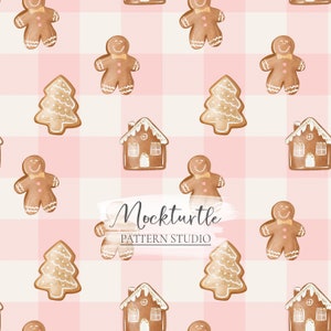 May include: A repeating pattern featuring gingerbread men, houses, and Christmas trees on a pink and white plaid background. The gingerbread figures have smiling faces and bow ties. The text "Mockturtle Pattern Studio" is visible.