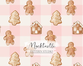 Pink Gingerbread Seamless Pattern |  Pink Plaid Christmas Patterns | Commercial Use Surface Pattern