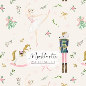 May include: Watercolor pattern featuring a ballerina in a pink tutu, a toy soldier, a rocking horse, and floral accents. The text "Mockturtle Pattern Studio" is displayed in the center of the image.