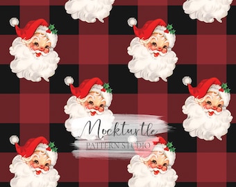 Retro Santa Seamless Pattern | Red & Black | Plaid Christmas Patterns | Commercial Use Surface Pattern