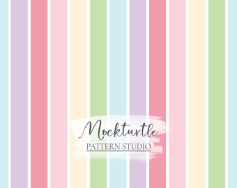 May include: A seamless pattern of vertical stripes in pastel colours, including pink, light blue, yellow, and green. The pattern is repeated throughout the image. The text "Mockturtle PATTERN STUDIO" is centred in the middle of the image.