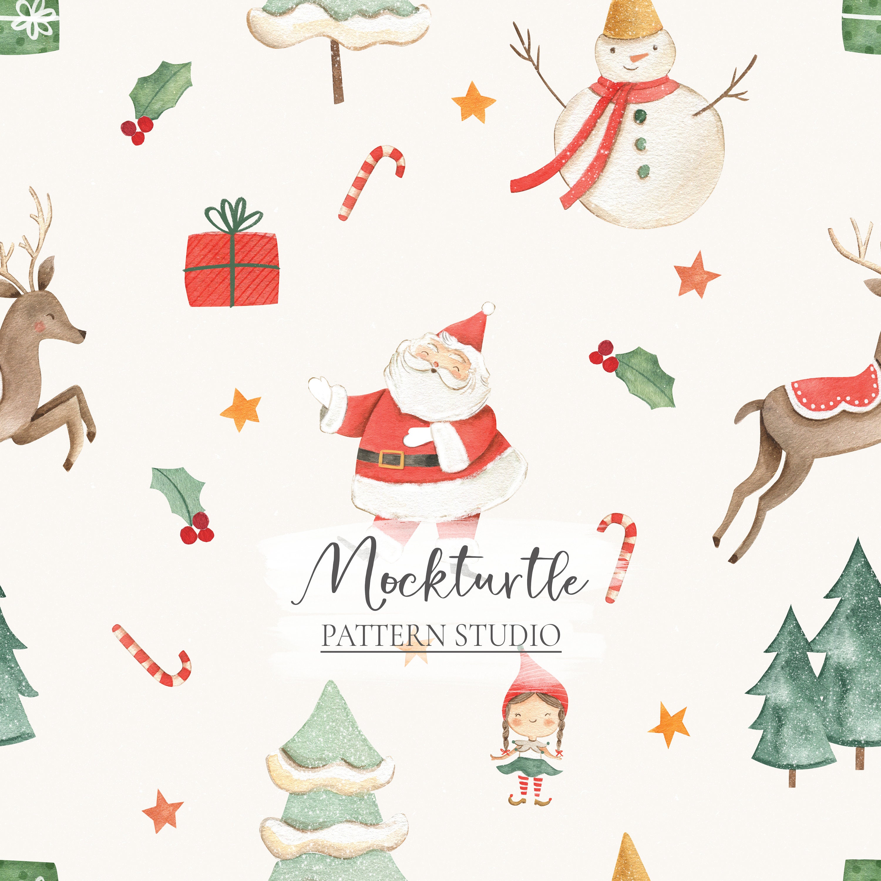 Santa Claus Seamless Pattern | Christmas Seamless Pattern | Christmas Tree Surface Pattern | Santa and Elves, Commercial Use Surface Pattern