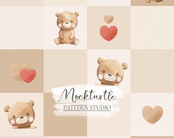 Teddy Bear Seamless Pattern | Checks and Heart | Commercial Use Surface Pattern
